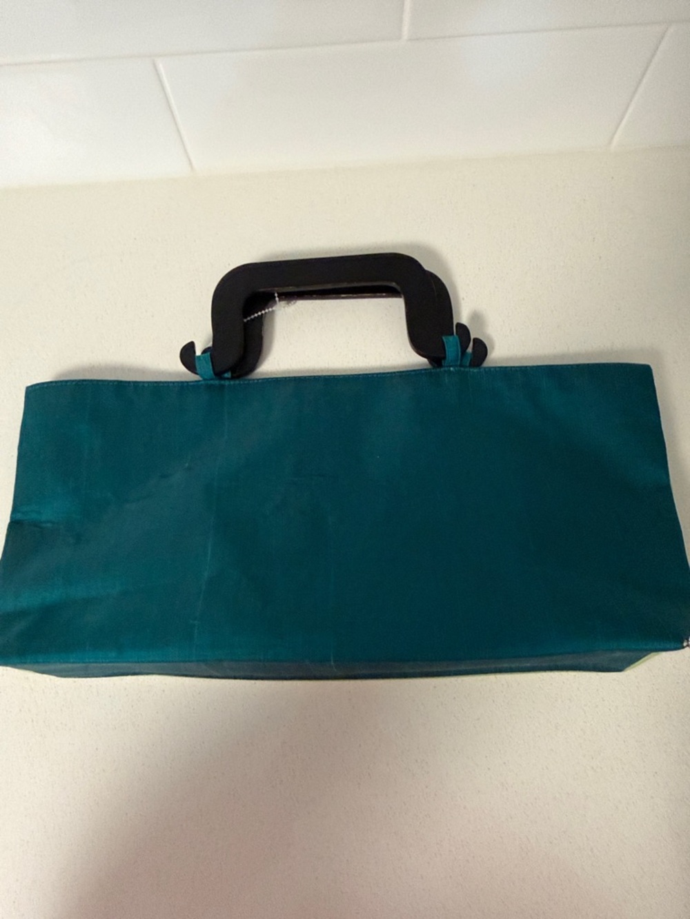 Floral Embroidered Satin Green Tote Bag with Teal Accent - Picture 6 of 6
